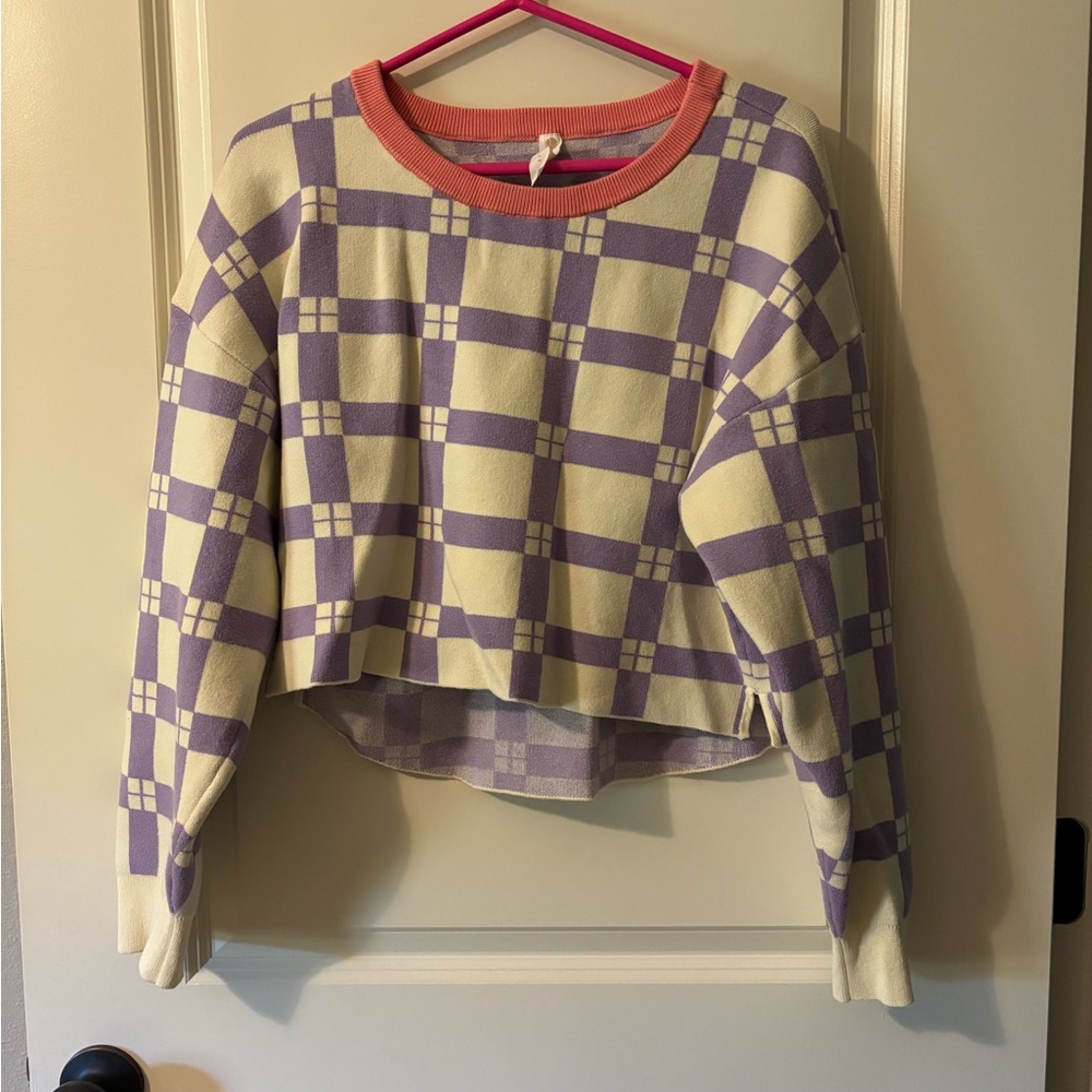 Anthropologie/Daily Practice Purple Plaid Cropped Sweater with Pink Collar